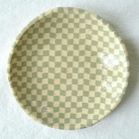 練り込小皿（市松模様）グリーン  small green Nerikomi plate, Ichimatsu