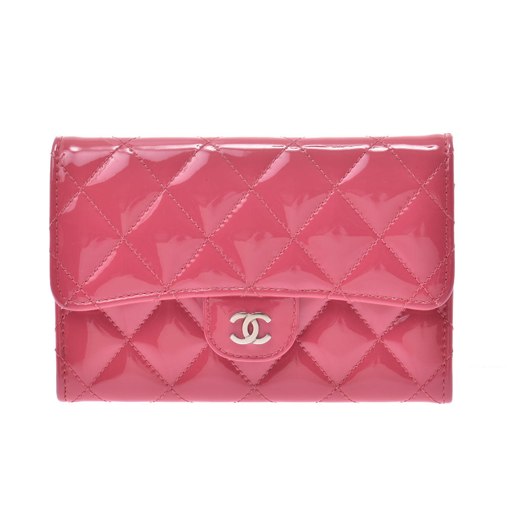 CHANEL シャネル マトラッセ コンパクトウォレット ピンク シルバー金具 レディース エナメル 二つ折り財布 Bランク 中古 