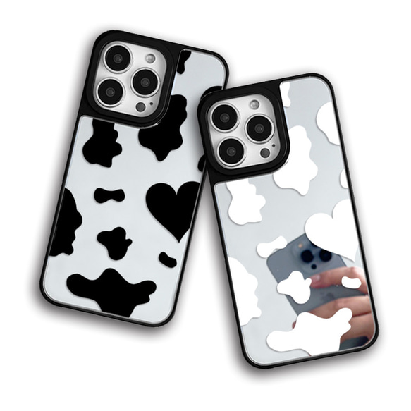 Cow♡　牛柄×ハート   耐久性グリップミラーケース　iPhoneケース　名入れ