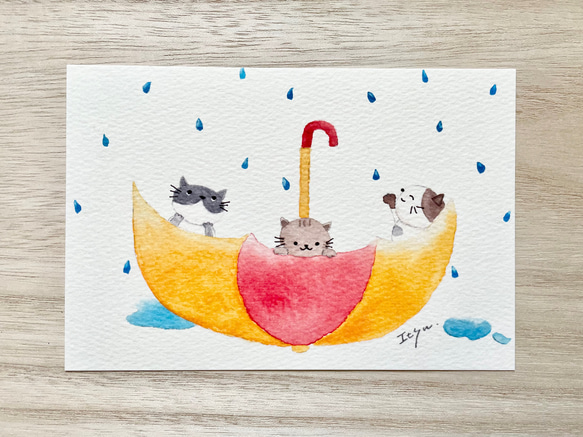 透明水彩画　3枚セット「楽しい雨の日」ポストカード　イラスト　猫　ねこ　ネコ　梅雨　雨　傘　母の日　父の日　三毛猫