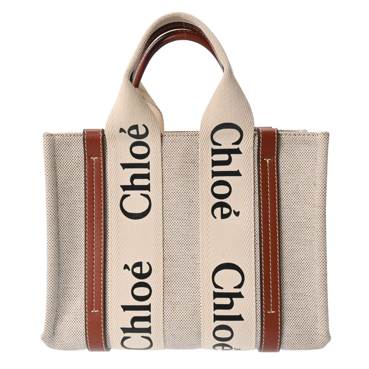 Chloe クロエ ウッディ スモールトートバッグ 旧型 ストラップ無しモデル ベージュ/茶 レディース キャンバス レザー ハンドバッグ ABランク 中古 