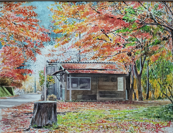 絵画　水彩画　風景画　画題「晩秋の茶店跡」