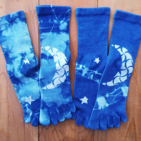 〘受注生産〙藍染め wild silk&organic moon socks*2set sale有✡月波5本指靴下 温活