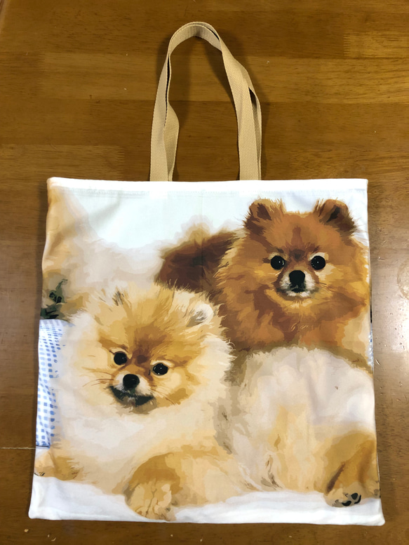 犬柄 ハンドメイド ぺたんこトートバッグ ポメラニアン