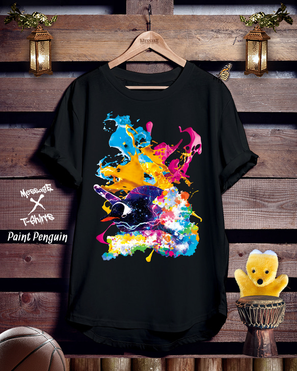 ペンギンアート黒Tシャツ「Paint Penguin」