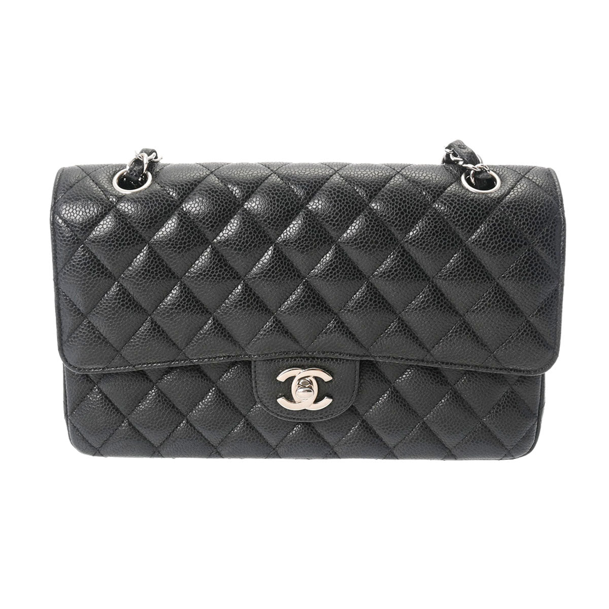 CHANEL シャネル マトラッセ Wフラップ チェーンショルダー 25cm 黒 シルバー金具 A01112 レディース キャビアスキン ショルダーバッグ Aランク 中古 