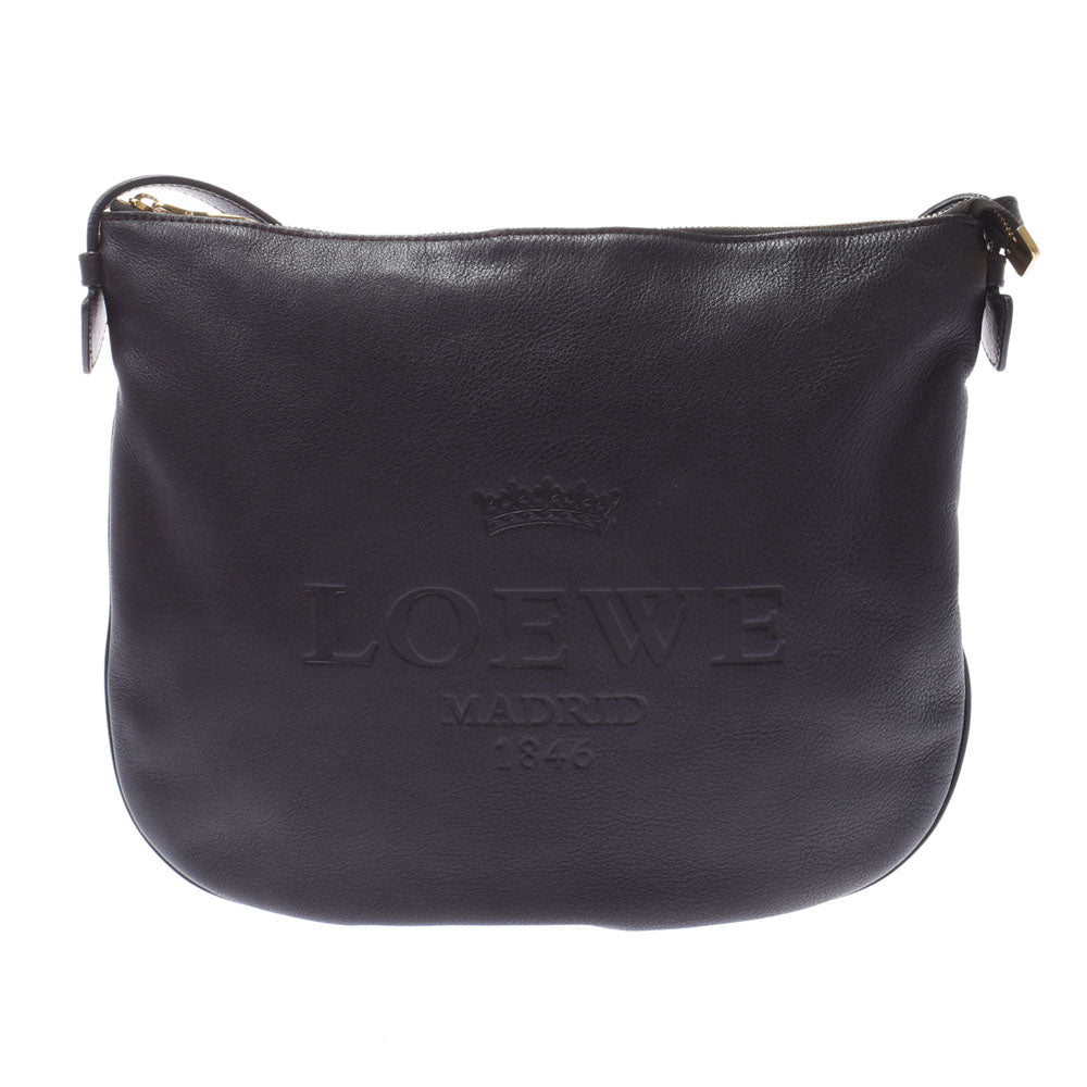 LOEWE ロエベ ロゴ型押し ダークブラウン ゴールド金具 ユニセックス カーフ ショルダーバッグ Bランク 中古 