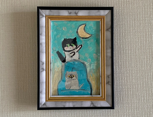 絵画。原画【淡い青い空、猫ちゃんたちの月夜デート】