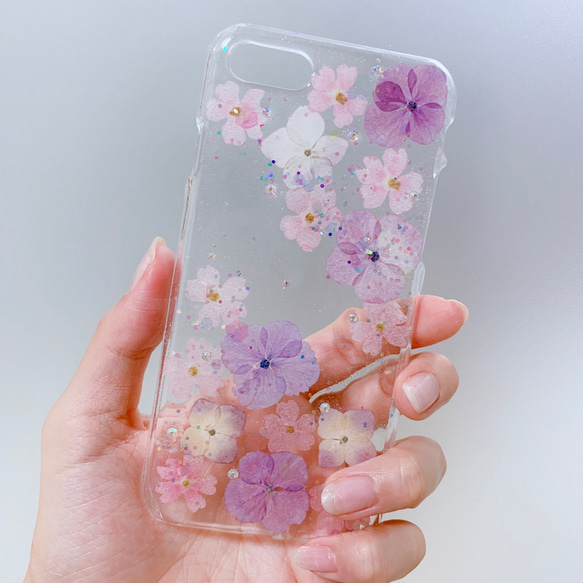 ☆全機種対応☆紫陽花ふんわり押し花スマホケース♪iPhone Xperia Galaxy AQUOS らくらくフォン