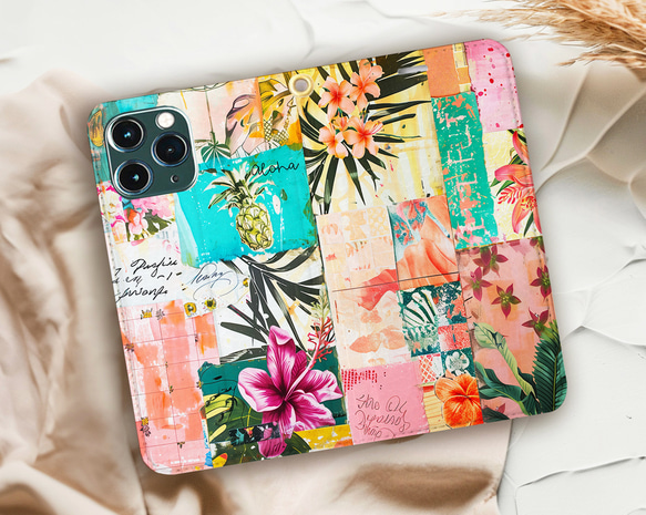 【手帳型】TROPICAL COLLAGE トロピカル コラージュ ハワイ iPhoneケース ピンク ビーチ