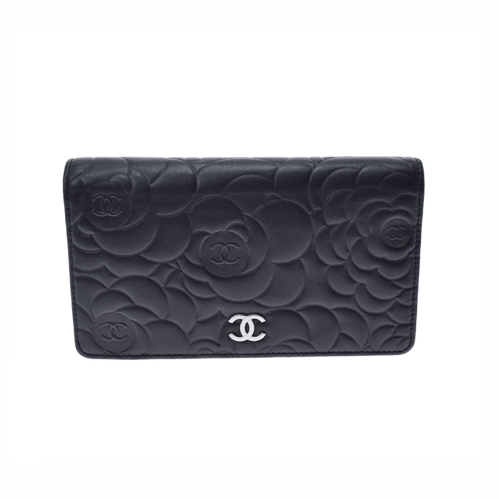 CHANEL シャネル カメリア 長財布 黒 シルバー金具 A36544 レディース ラムスキン 二つ折り財布 ABランク 中古 