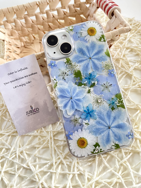 万華鏡紫陽花のナチュラルブルーの押し花スマホケース　全機種対応/iphone/GALAXY/AQUOS/xperia