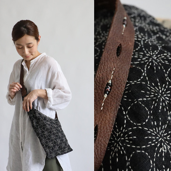 Mサイズ　リネン生地　刺し子刺繍　七宝繋ぎ　斜め袈裟掛け鞄ショルダー斜めがけバッグ　アンティークビーズ革レザーP17A