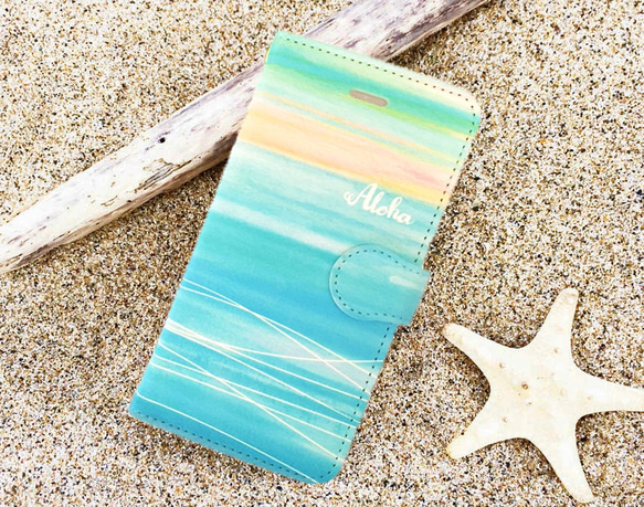 【カメラホール付】iPhone/Android 名入れ♪海色サンセット ★SUNSET SEA 手帳型スマホケース