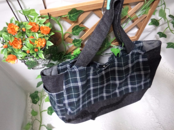 トラペゾイドBag ブラックウォッチ白ライン レース飾り縫いtww