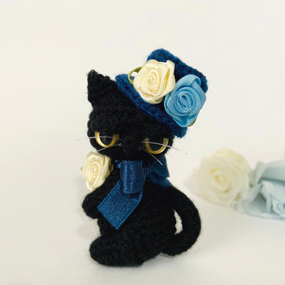 やさぐれ黒猫＊薔薇シルクハット★あみぐるみボールチェーン☆受注製作品