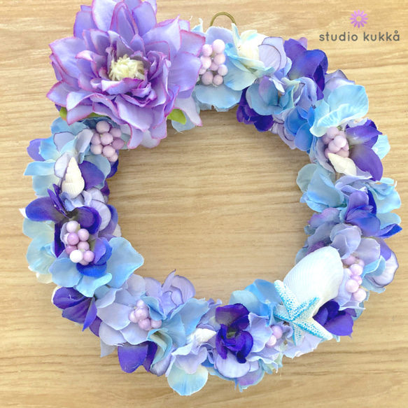 送料無料 直径18cm♡ロイヤルブルーグラデーションのアジサイ ダリア パープル サマーリース 紫陽花 夏 リース