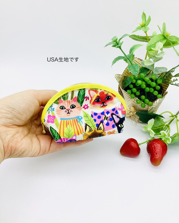 ミニポーチ☆ねこちゃん＆ハート柄（黄色）USAコットン