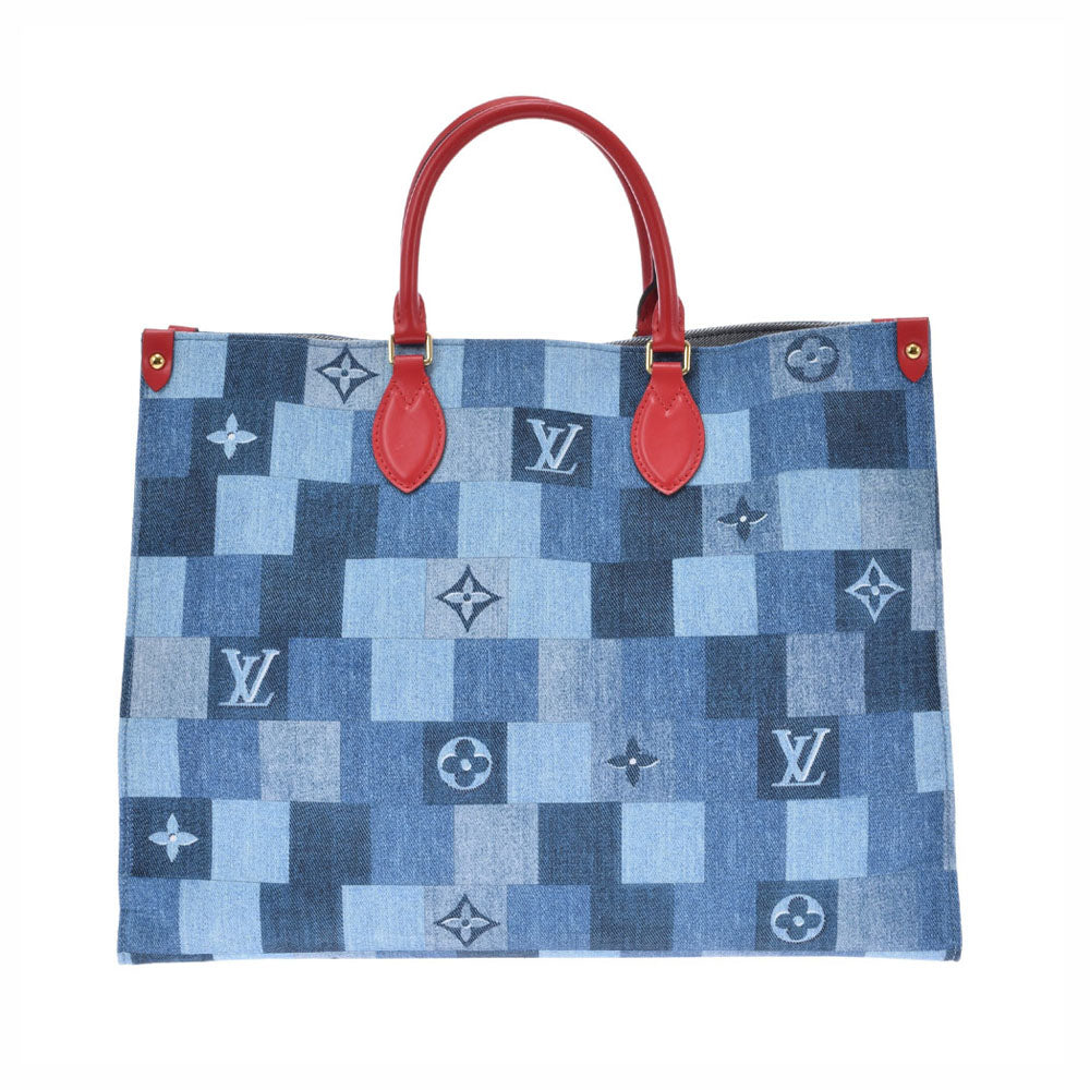 LOUIS VUITTON ルイヴィトン モノグラム デニム オンザゴーGM 2WAY 青/赤 M44992 ユニセックス デニム レザー ハンドバッグ Aランク 中古 