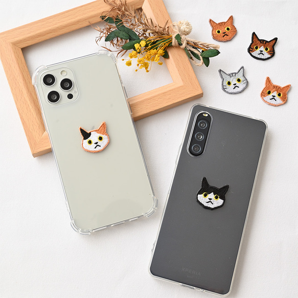 TPU クリアケース 【 ワッペン 猫 】 刺繍 iPhone Android ソフトケース クリア A243I