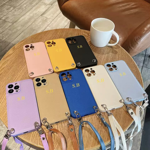 ショルダーストラップ付♡名入れ刻印OK♪フルカバーiPhoneケース