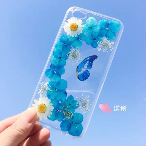 蝶 ブルー 紫陽花 アジサイ 本物のお花 リアルフラワー 押し花 青 スマホケース ドライフラワー バタフライ