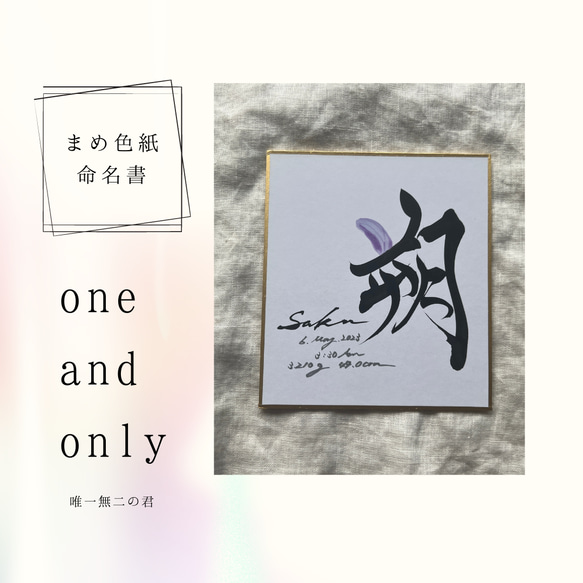 書道家が書く　手のひらサイズ命名書 「one and  only 唯一無二の君」送料無料