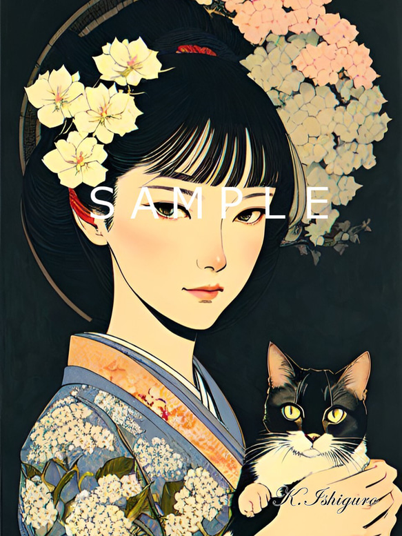 猫と女性と紫陽花(オリジナルイラスト)A4額付き　№s-4456