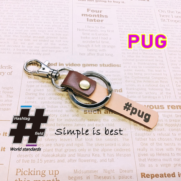 #PUG 本革ハンドメイド ハッシュタグチャームキーホルダー パグ