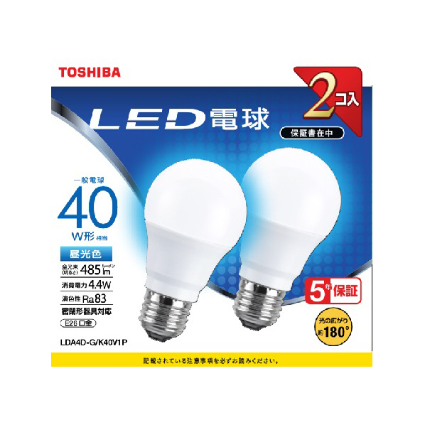 東芝 LED電球 E26口金 全光束485lm(4．4W一般電球タイプ) 昼光色相当 2個パック LDA4D-G/K40V1P