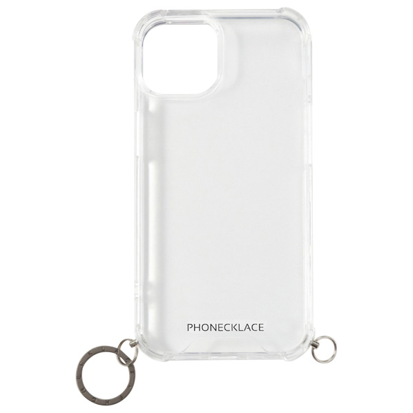 PHONECKLACE iPhone 14/13用ストラップ用リング付きクリアケース ガンブラックチャーム PN23858I14BK