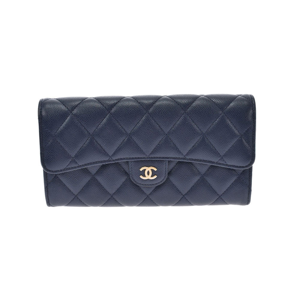 CHANEL シャネル マトラッセ ロングジップウォレット ネイビー ゴールド金具 A80758 レディース  GP キャビアスキン 長財布 ABランク 中古 