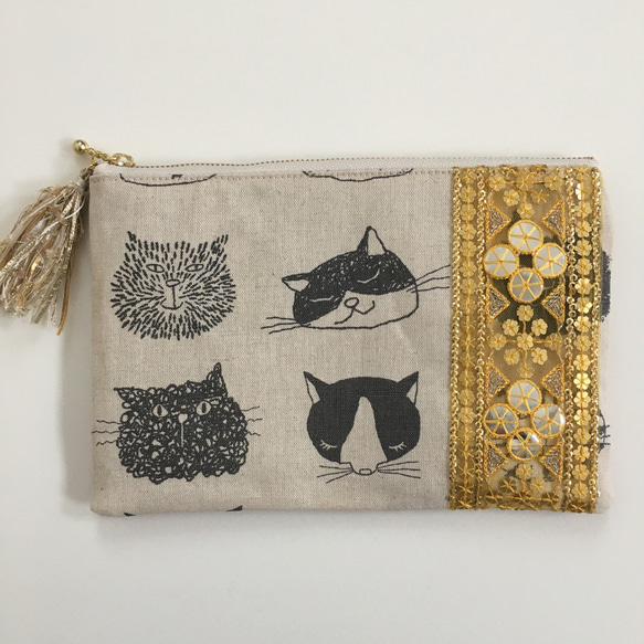 猫とインド刺繍リボンのフラットポーチ◇ゴールド