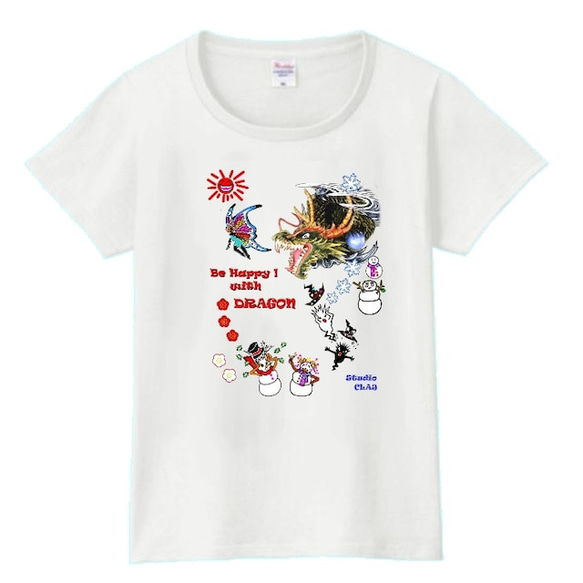 2024ハッピードラゴン白：プリントスターTシャツ（レディース：白）