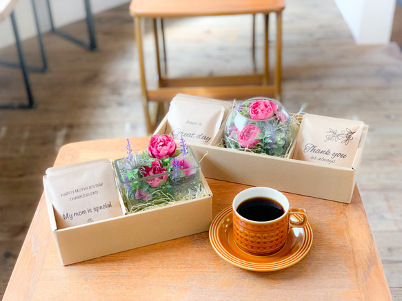 [Flower & Coffee SET]丸咲バラのフェイクウォターアレンジ/選べるメッセージドリップバック