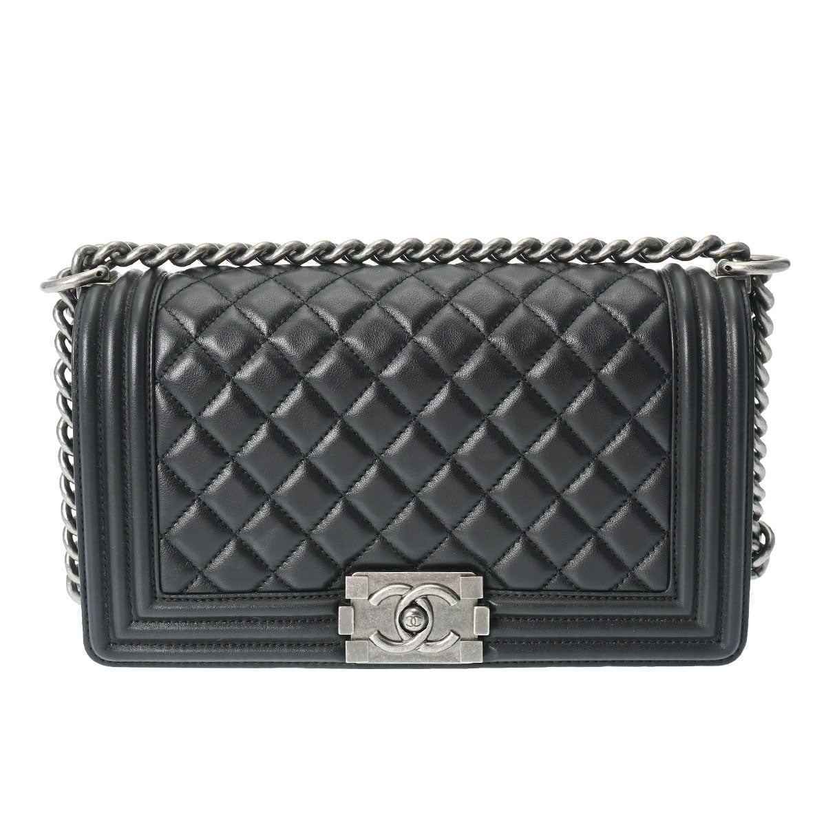 CHANEL シャネル ボーイシャネル チェーンショルダー 25cm 黒 ヴィンテージシルバー金具 A67086 レディース ラムスキン ショルダーバッグ Aランク 中古 