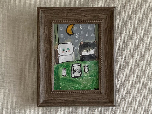 絵画。原画【かわいい猫ちゃんたちは寝る前にホットミルクを飲みます】