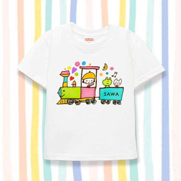 名入れ　名前入り　 キッズTシャツ（カラフル機関車と女の子）