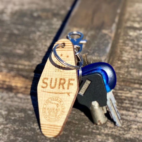 【無料名入れ】 モーテルキータグ mini ≪SURF≫ ハンドメイド ウッドキーホルダー