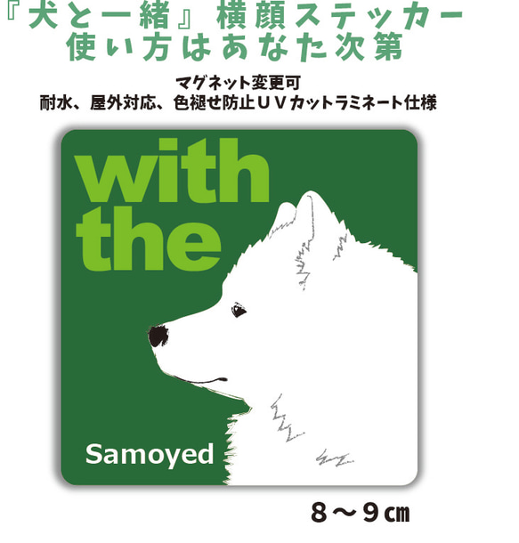 【再販1】サモエド DOG IN CAR 『犬と一緒』横顔 ステッカー 名入れ  車 玄関 シール マグネット可