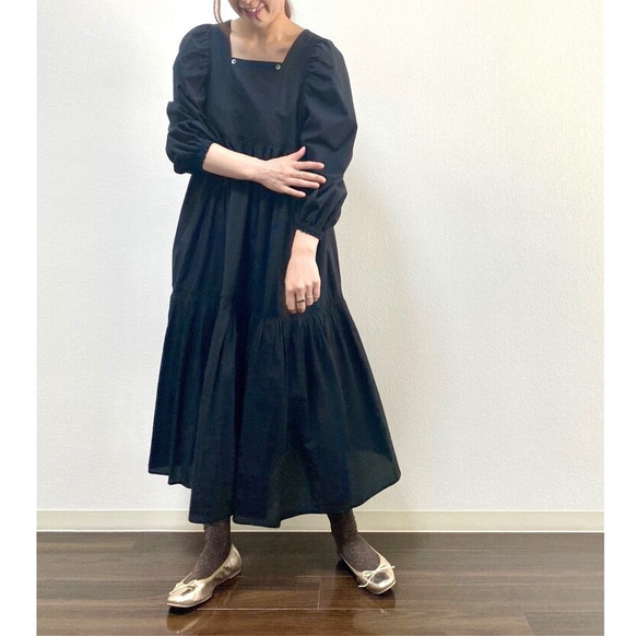 Ballon Sleeves Cotton Dress Black