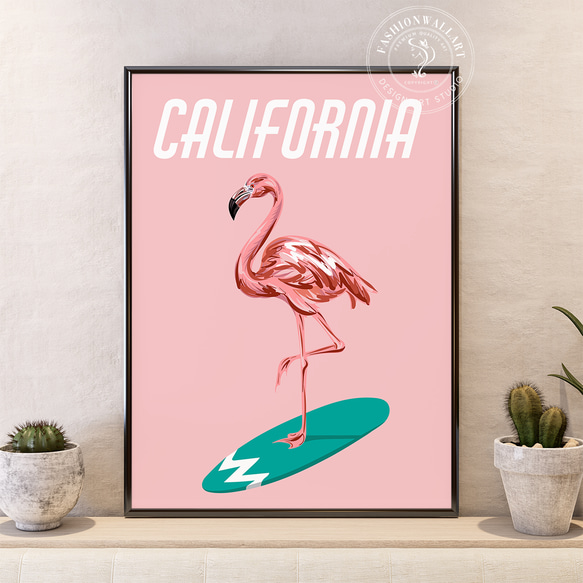 キュート ピンク フラミンゴ サーフボード California / インテリアポスター 海外アート / 5138