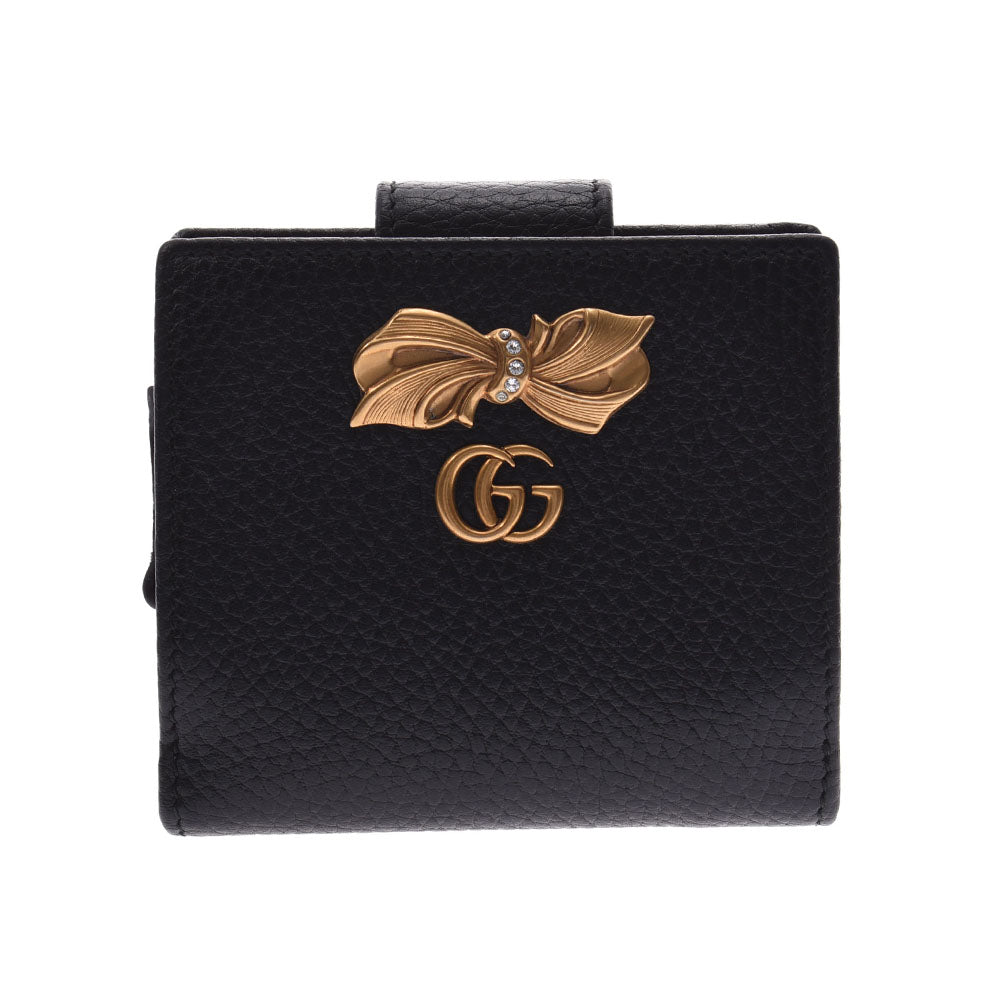 GUCCI グッチ ボウ コンパクトウォレット 黒 ゴールド金具 524298 レディース レザー 二つ折り財布 ABランク 中古 