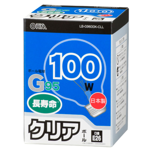 オーム電機 白熱ボール電球 E26口金 G95形 100W クリア LB-G9600K-CLL