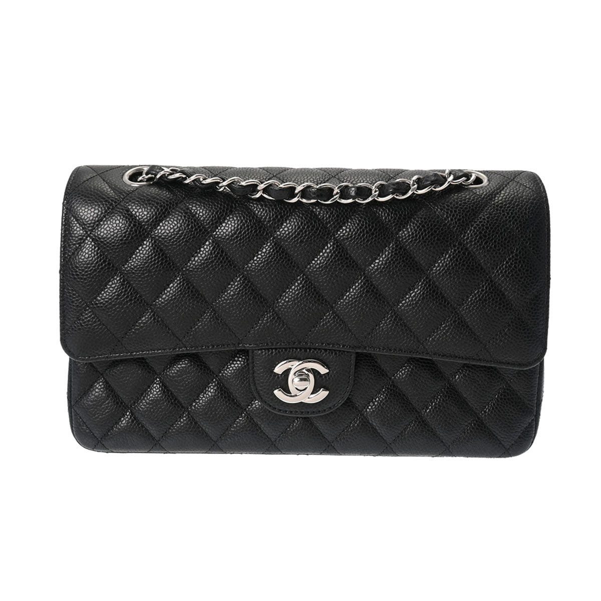 CHANEL シャネル マトラッセ Wフラップ チェーンショルダー 25cm 黒 シルバー金具 A01112 レディース キャビアスキン ショルダーバッグ Aランク 中古 