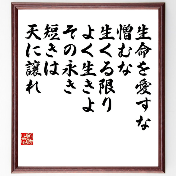 名言「生命を愛すな、憎むな、生くる限りよく生きよ、その永き、短きは天に譲れ」額付き書道色紙／受注後直筆（V1488）