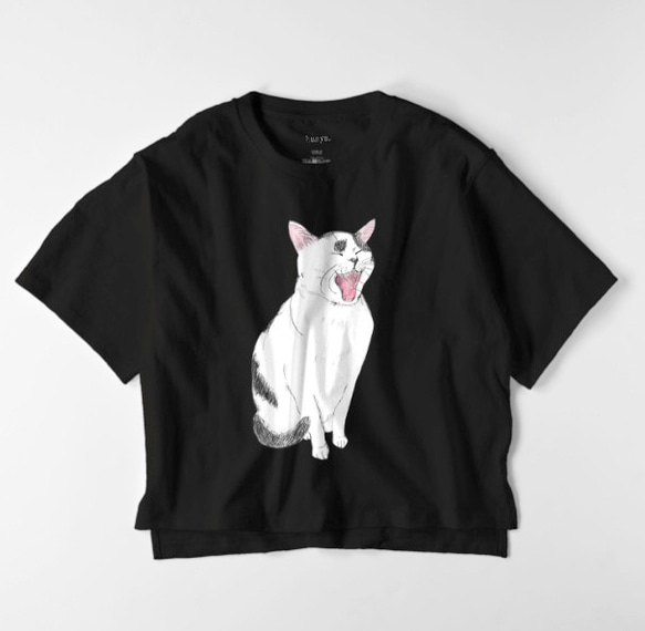 あくびねこ　てん　猫　白黒猫　ねこ　オーバーサイズTシャツ　イラスト　ゆったり　ゆるかわ　フリーサイズ　レディース