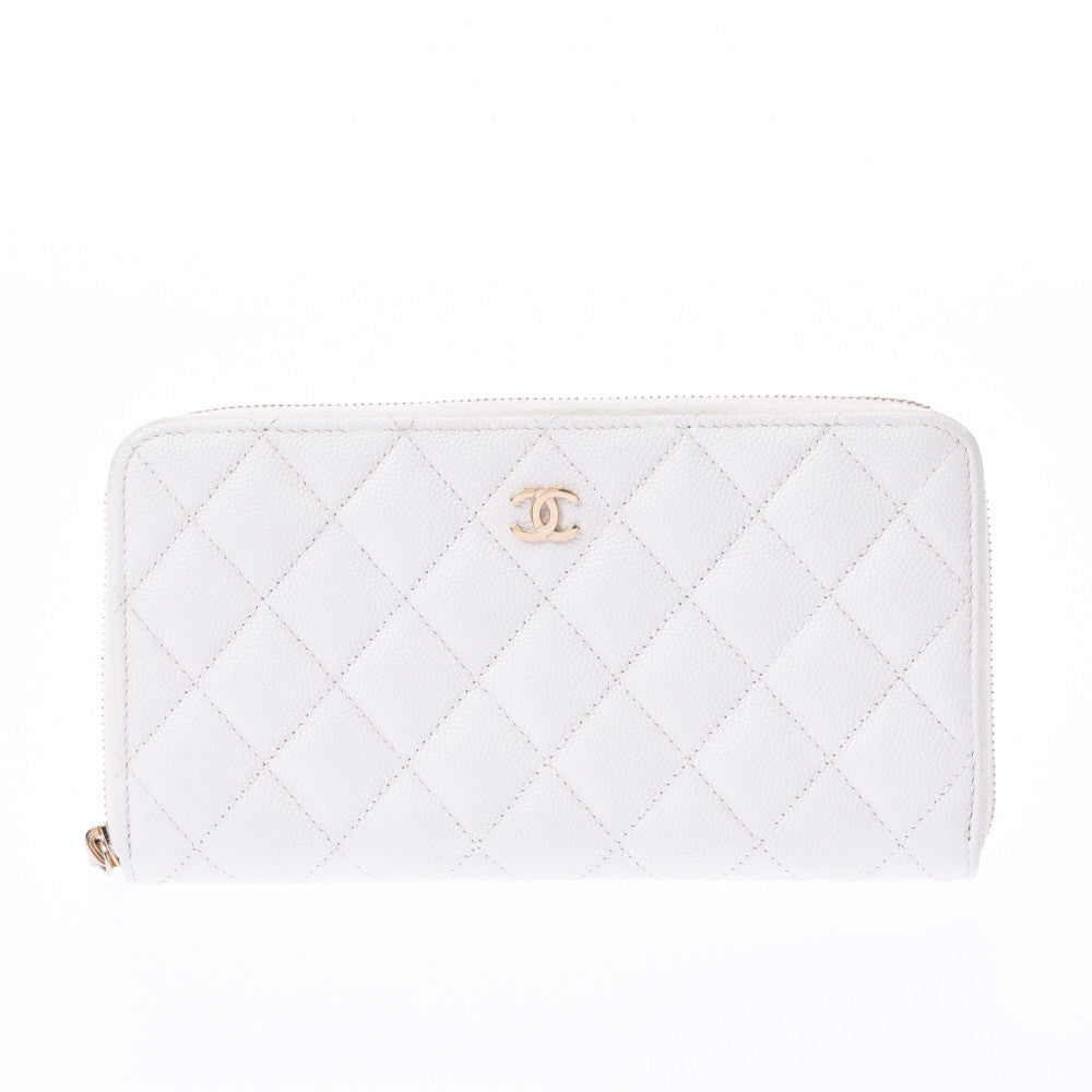 CHANEL シャネル クラシック ロングジップウォレット 白 ゴールド金具 ユニセックス キャビアスキン 長財布 Bランク 中古 