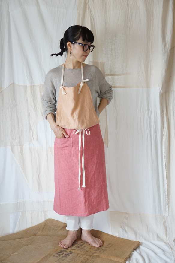 天日干し linen Apron  two tone〈a〉