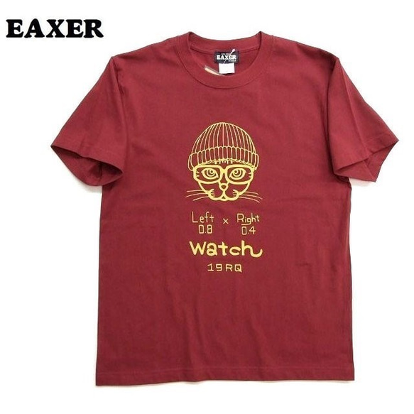 ネコTシャツ 猫t　EAXER ワッチCAT 半袖Tシャツ 男女兼用 バーガンディXL　KT-19001